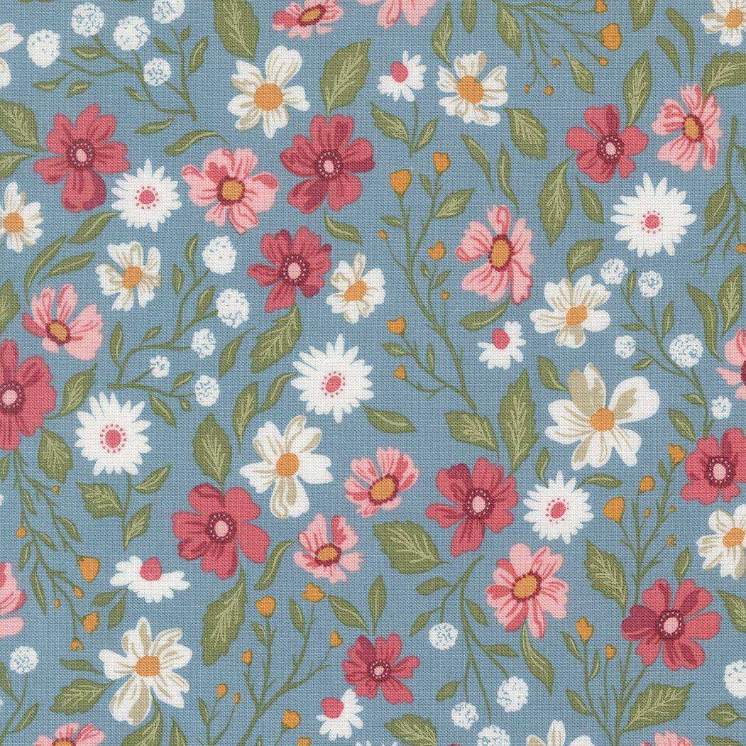Wild Honey Wildflower Dance Sky fabric with colorful floral pattern on blue background by Lella Boutique for Moda