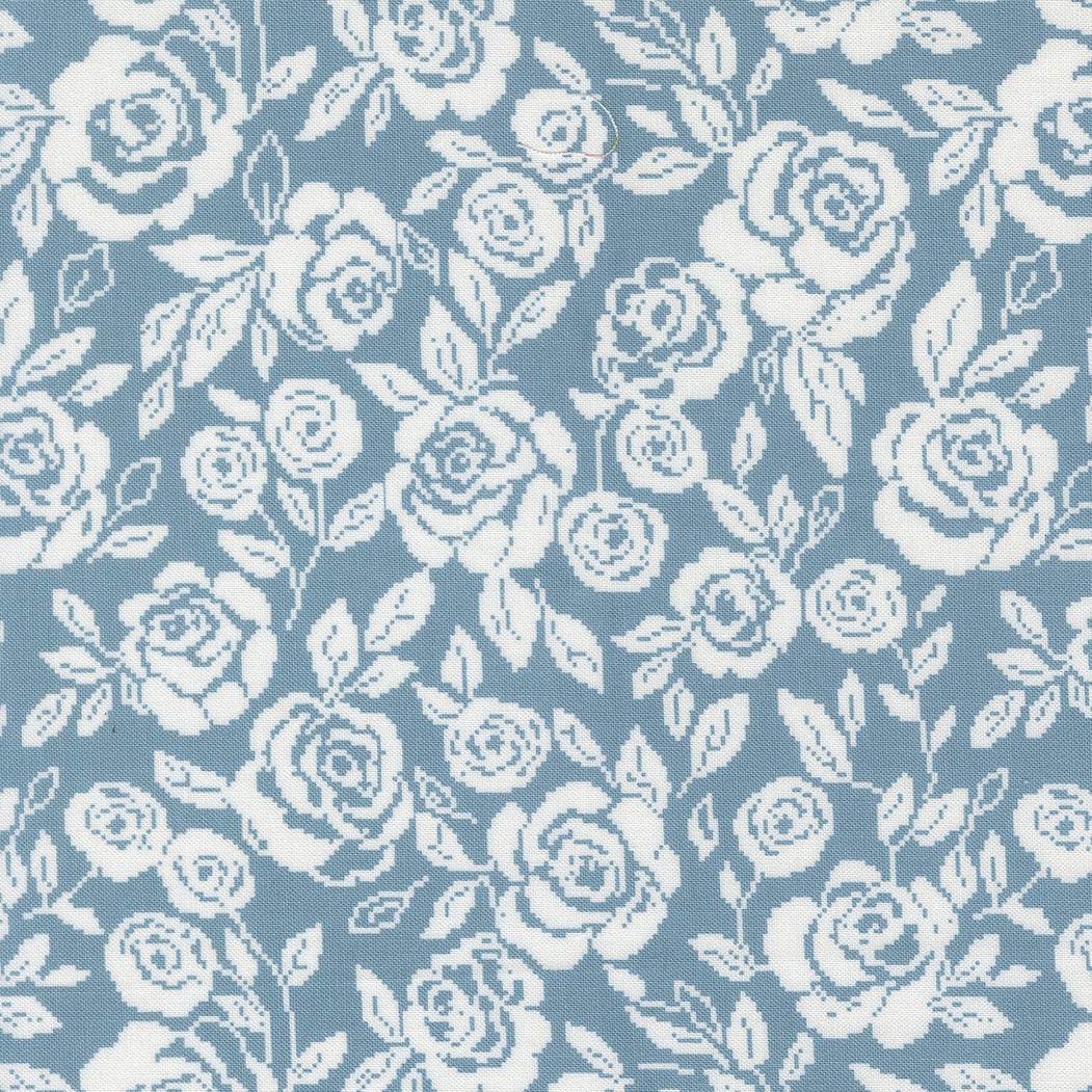 Wild Honey Monofloral Sky fabric with white floral pattern on blue background by Lella Boutique