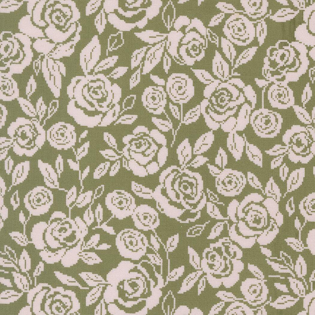 Wild Honey Monofloral Fern fabric pattern with beige floral design on olive green background by Lella Boutique for Moda