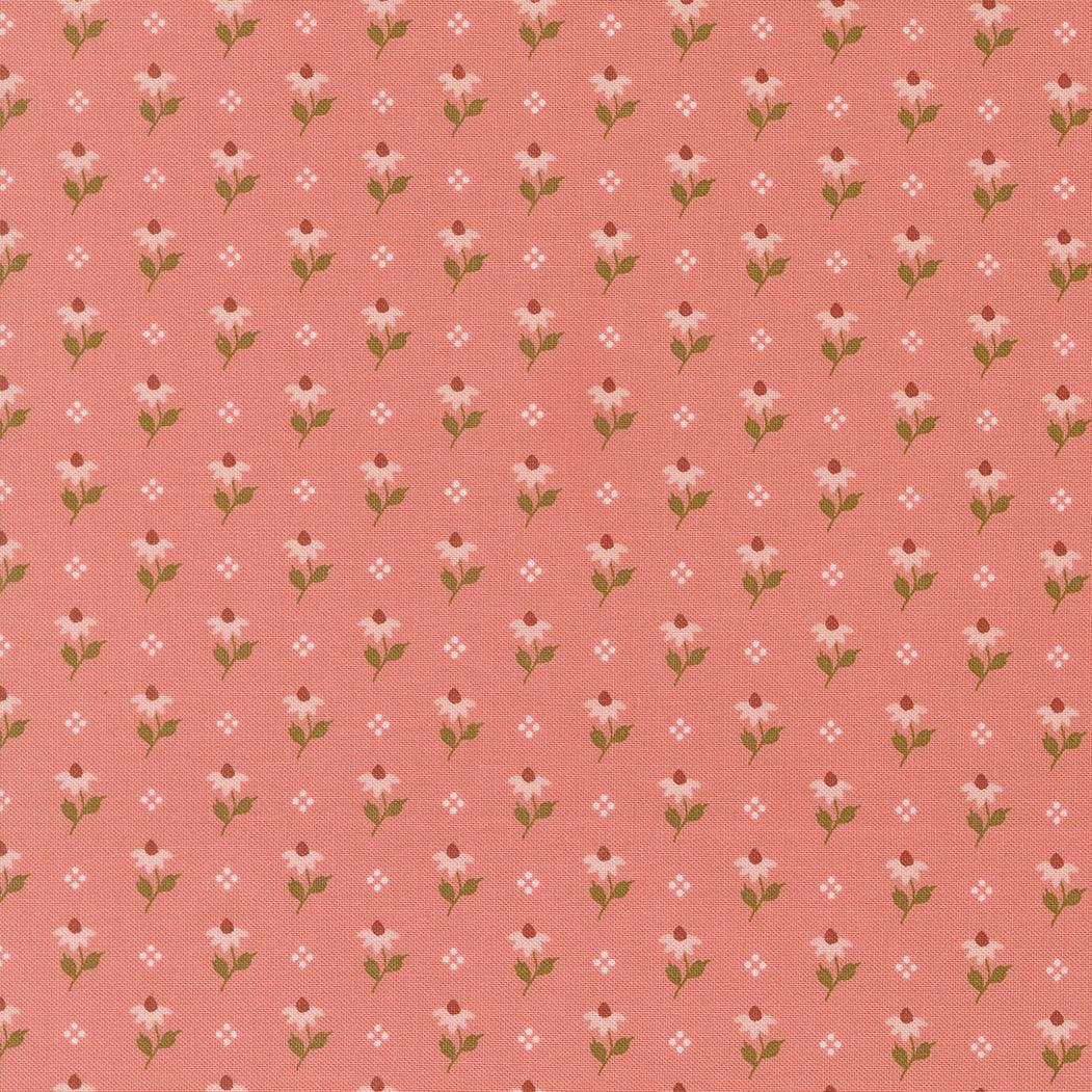 Wild Honey Bumbling Posies rose water fabric with small pink flowers and subtle patterns on a warm coral background by Lella Boutique
