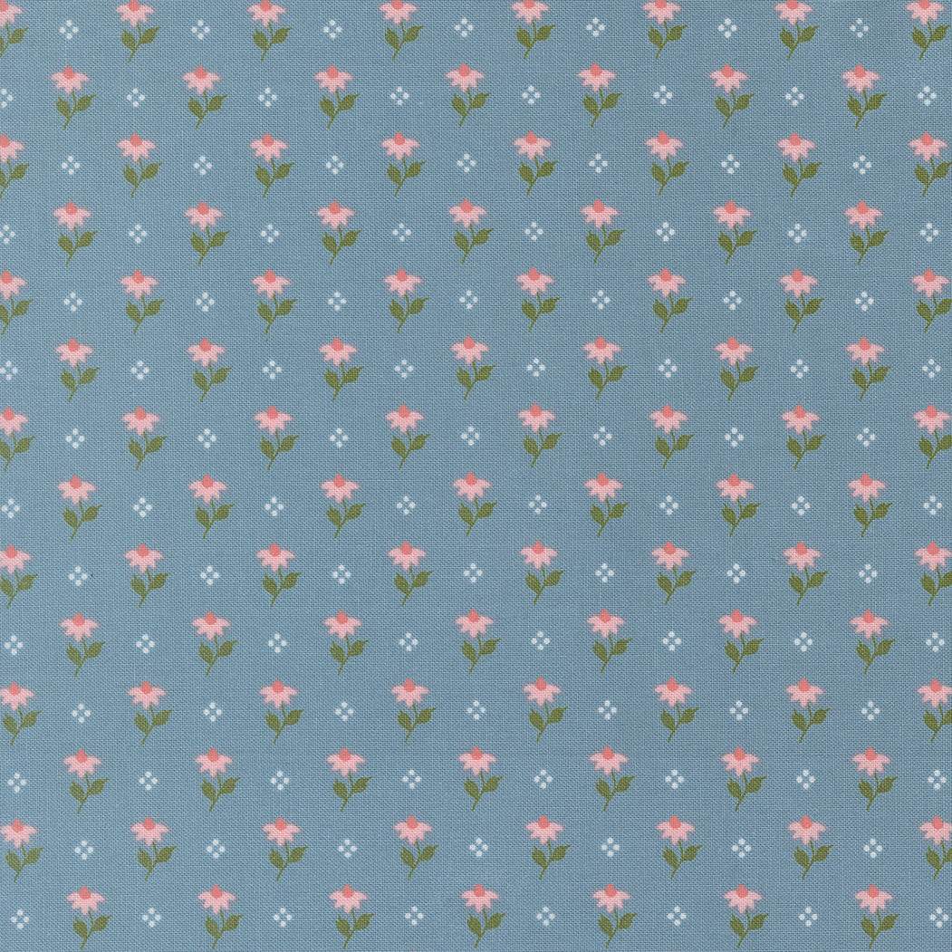 Wild Honey Bumbling Posies fabric with pink flowers on blue background by Lella Boutique for Moda