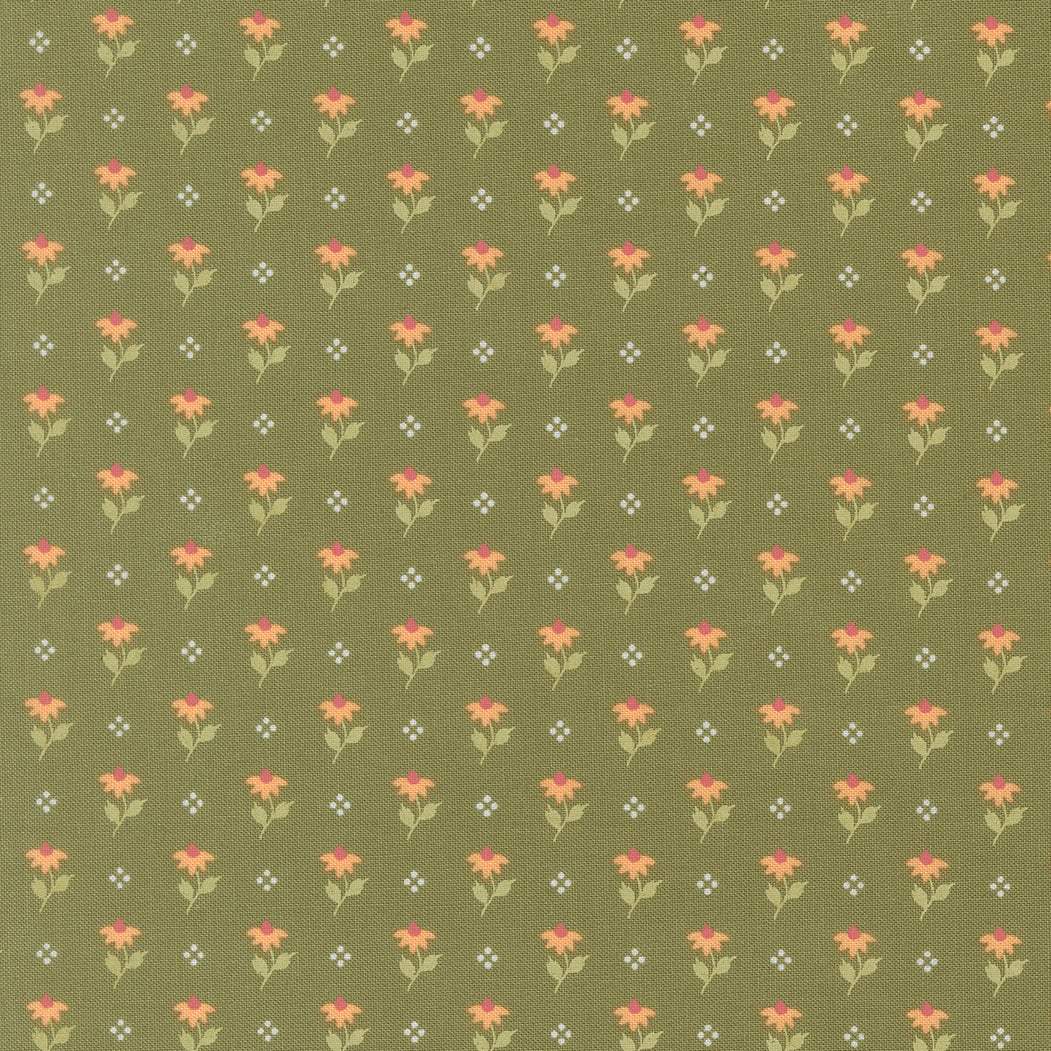 Wild Honey Bumbling Posies Fern fabric by Lella Boutique with small orange flowers on olive green background