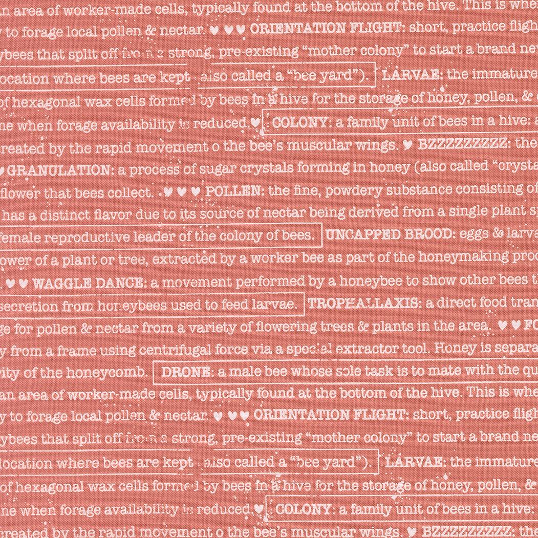 Wild Honey Buzz Words Rose Water fabric by Lella Boutique featuring honeycomb and bee-themed text in warm golden tones, sold in half-yard increments.