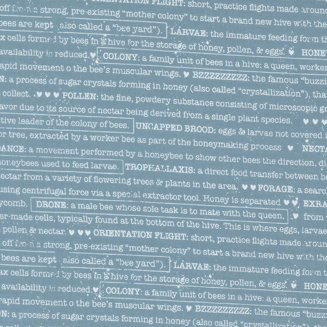 Wild Honey Buzz Words Sky fabric by Lella Boutique with bee and honeycomb themed text on blue background