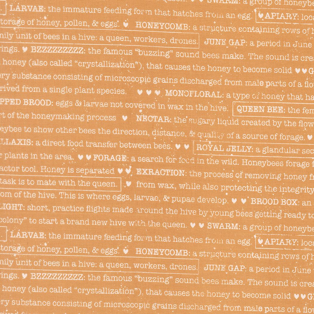 Wild Honey Buzz Words honeycomb and beekeeping themed fabric by Lella Boutique with warm golden honey tones