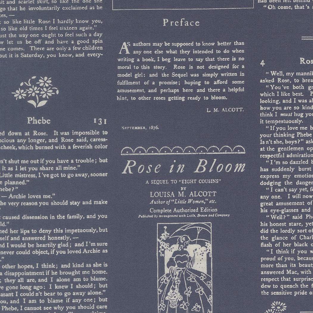True Love Alcott Text Twilight fabric with vintage birds and floral motifs by Vanessa Goertzen for Moda Fabrics