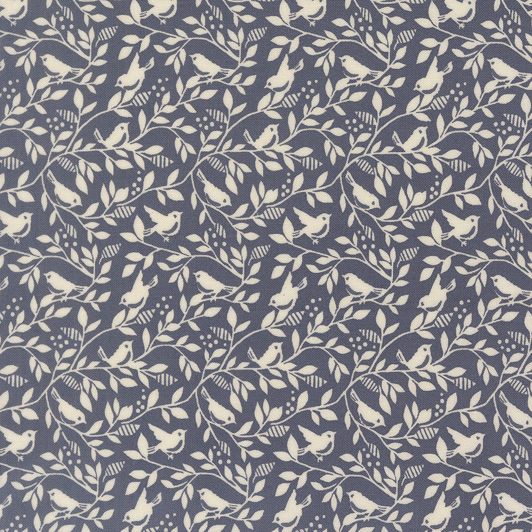 Close-up of True Love Birds of a Feather fabric featuring vintage birds and branches by Vanessa Goertzen