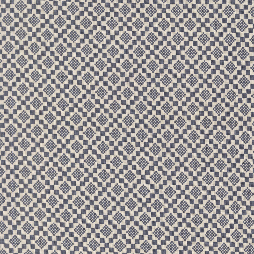 True Love Checkmate Twilight fabric by Vanessa Goertzen features vintage motifs, birds, and a calming palette for quilting and sewing projects
