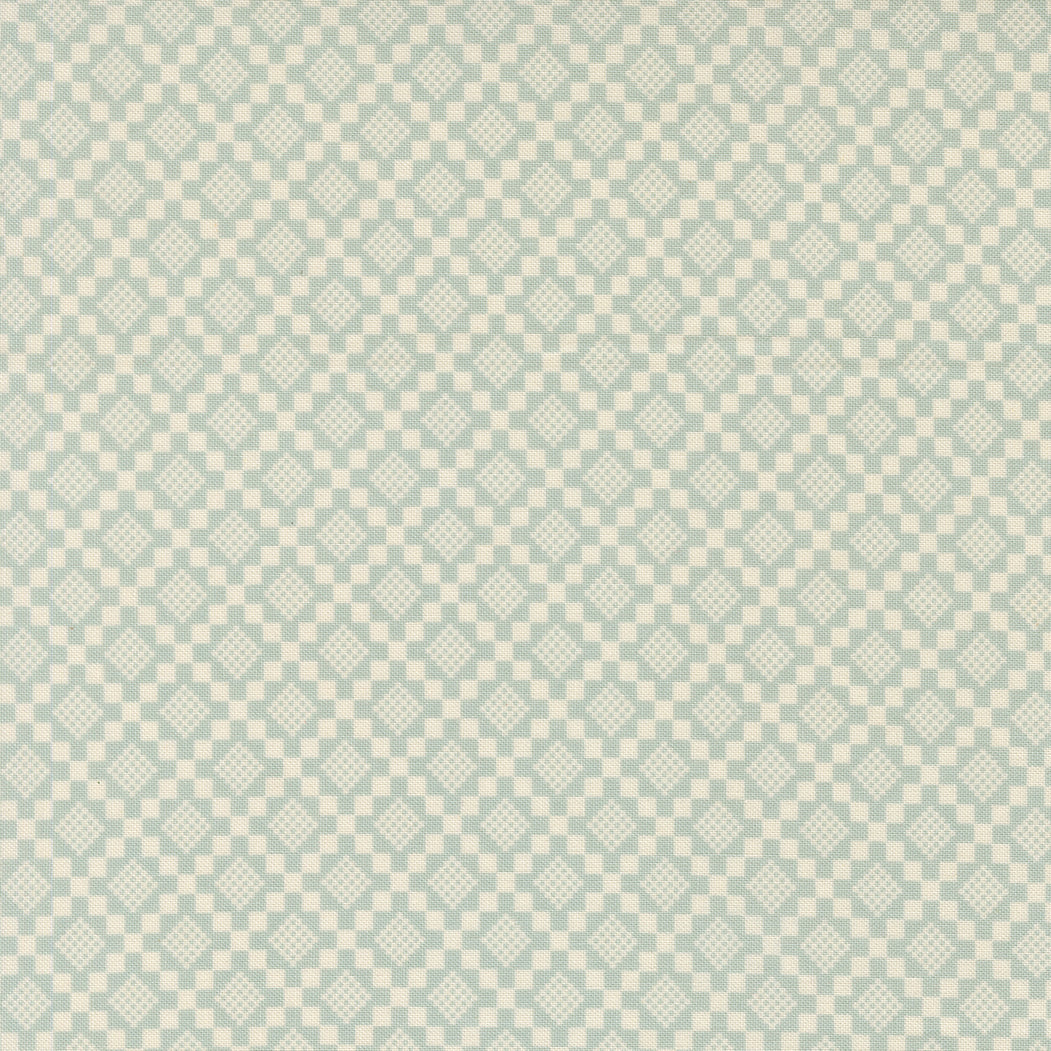 True Love Checkmate fabric in Robins Egg blue with vintage bird and floral motifs by Vanessa Goertzen for Moda Fabrics