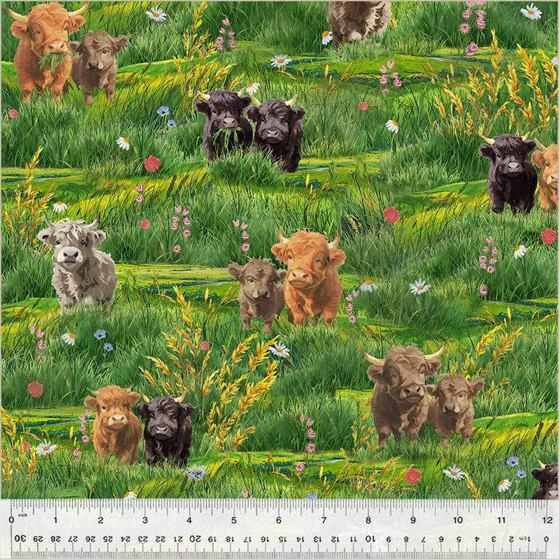 Highland Hooves fabric with adorable highland cows on green rolling hills and wildflowers by Whistler Studios for Wyndham Fabrics