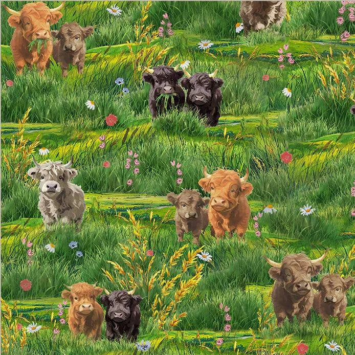 Highland Hooves fabric with adorable highland cows on green rolling hills and wildflowers by Whistler Studios for Wyndham Fabrics