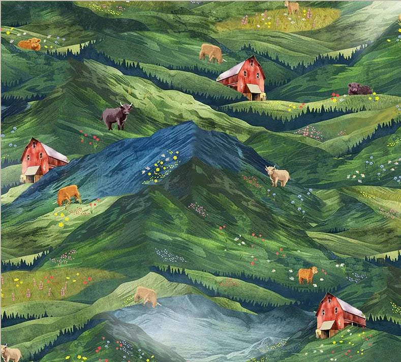 Highland Hooves fabric by Whistler Studios featuring highland cows on green hills with barns and wildflowers