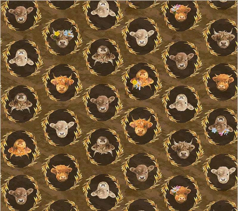 Highland Hooves fabric with cute highland cow faces in wreaths on brown background by Whistler Studios