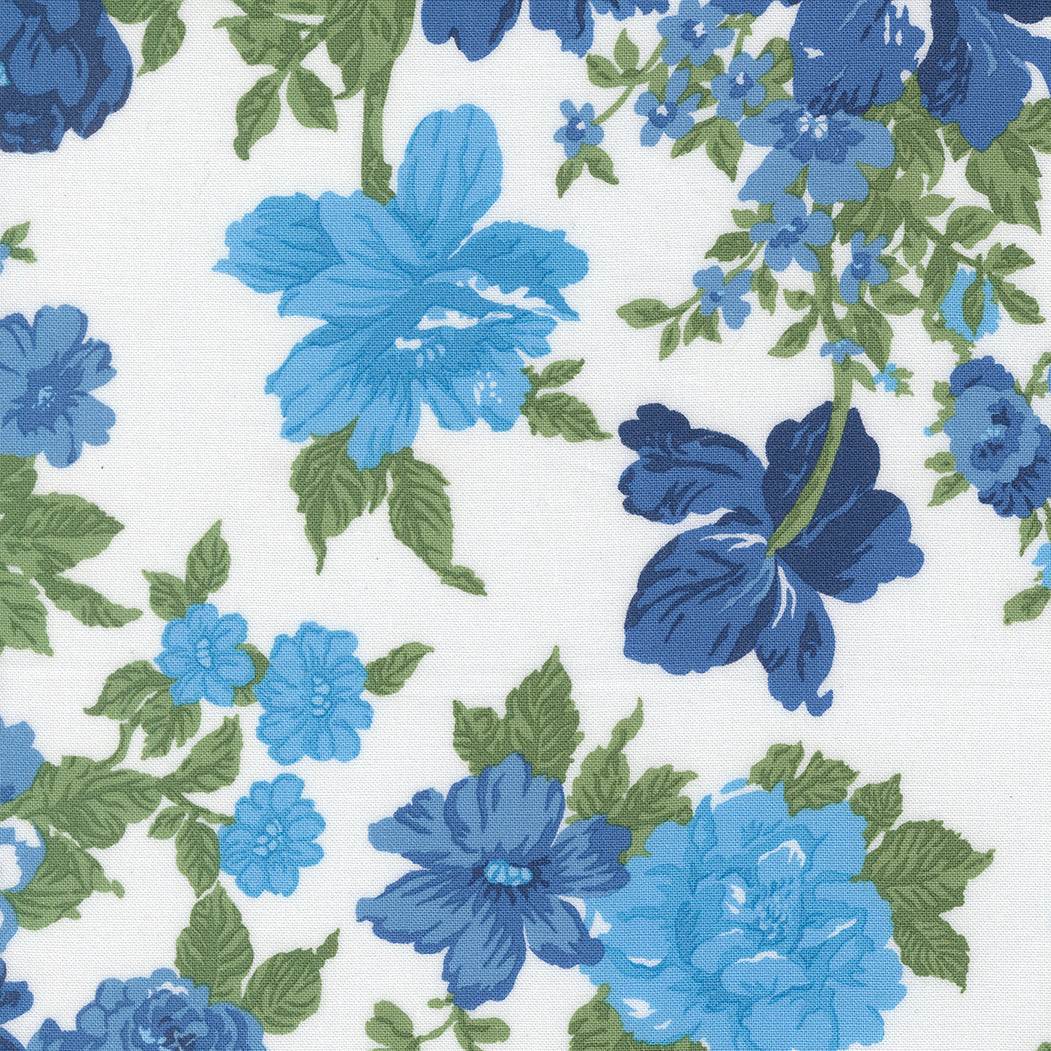 Blueprint Heirloom Florals fabric with blue and green vintage floral pattern on white background