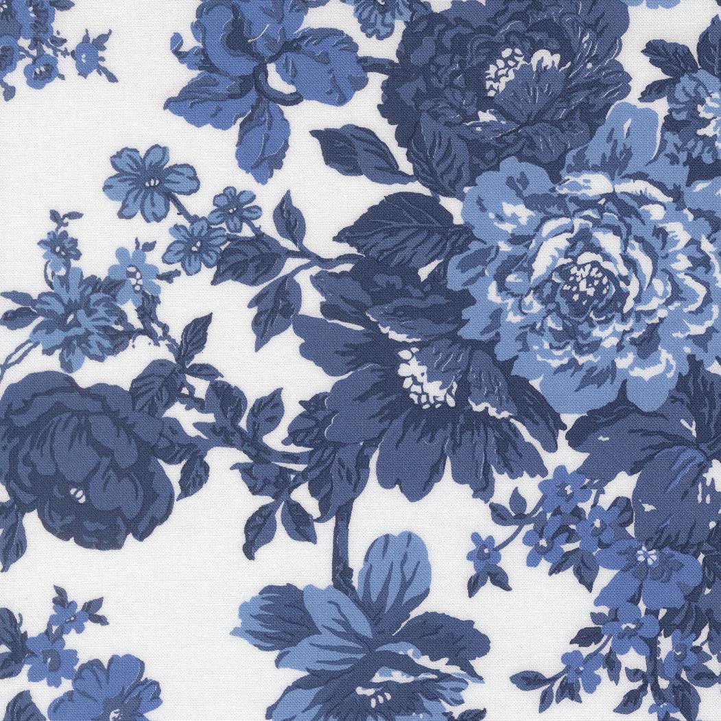 Blueprint Heirloom Florals white navy vintage floral fabric by Camille Roskelley for Moda Fabrics