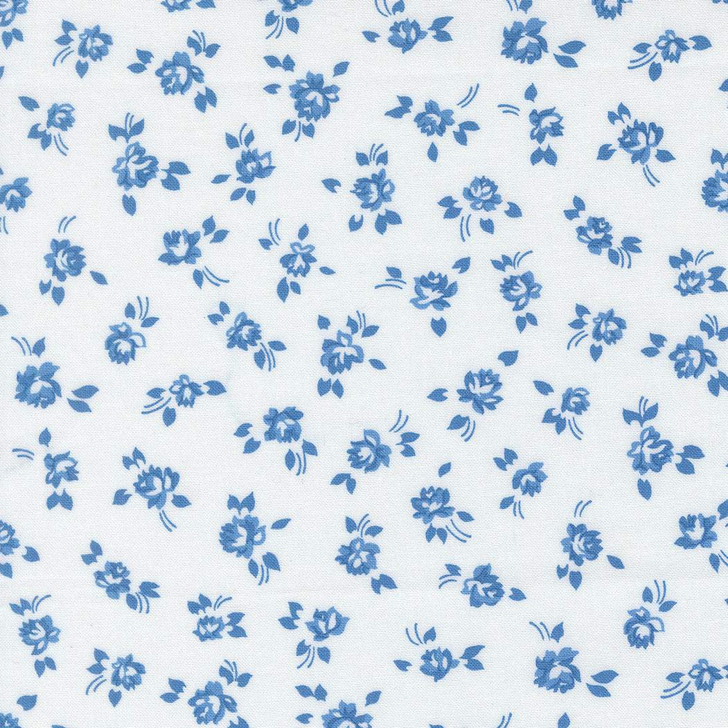 Blueprint Grace small blue floral fabric on white background from Moda Fabrics by Camille Roskelley