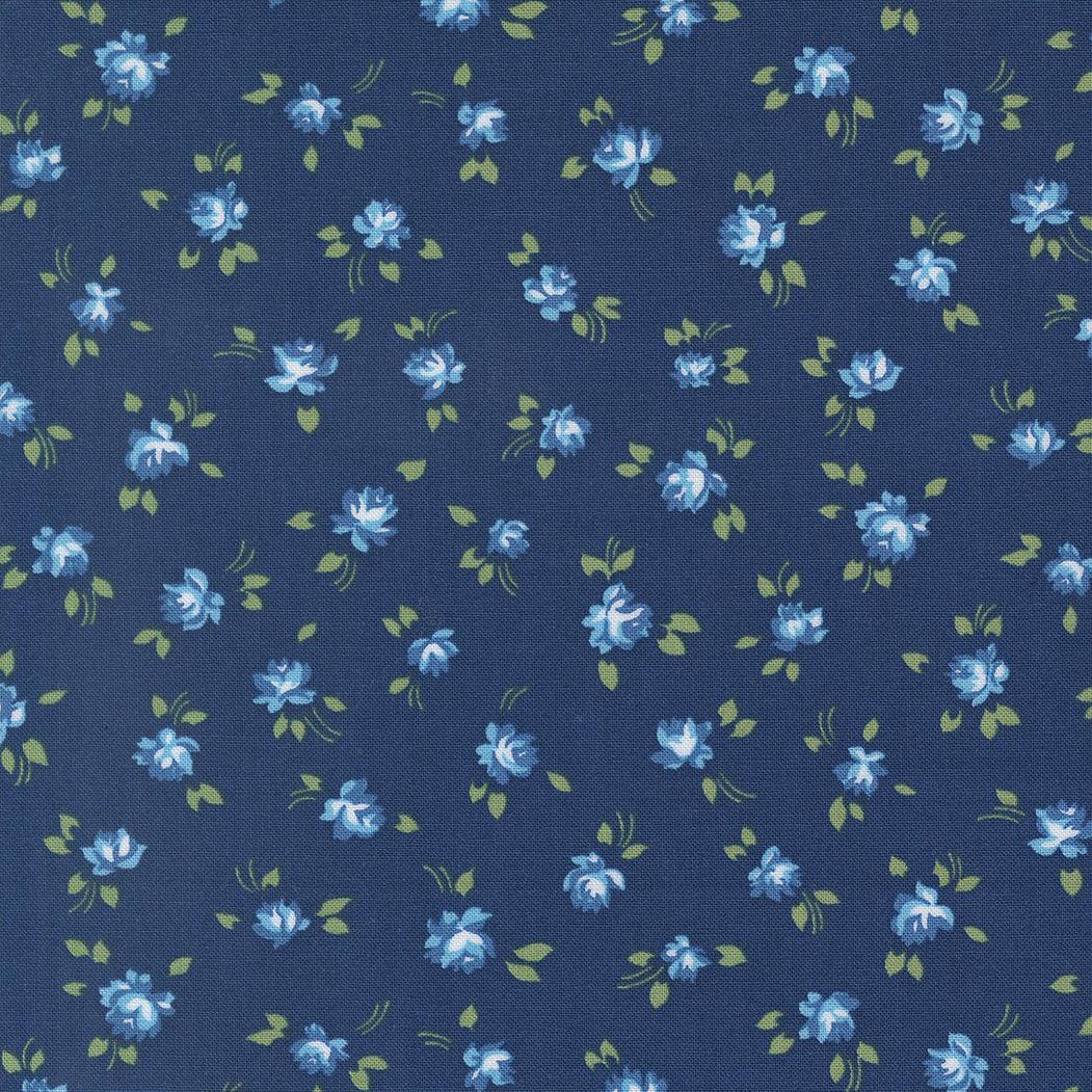 Blueprint Grace Small Floral Navy fabric with vintage-inspired blue flowers on a navy background by Camille Roskelley for Moda Fabrics