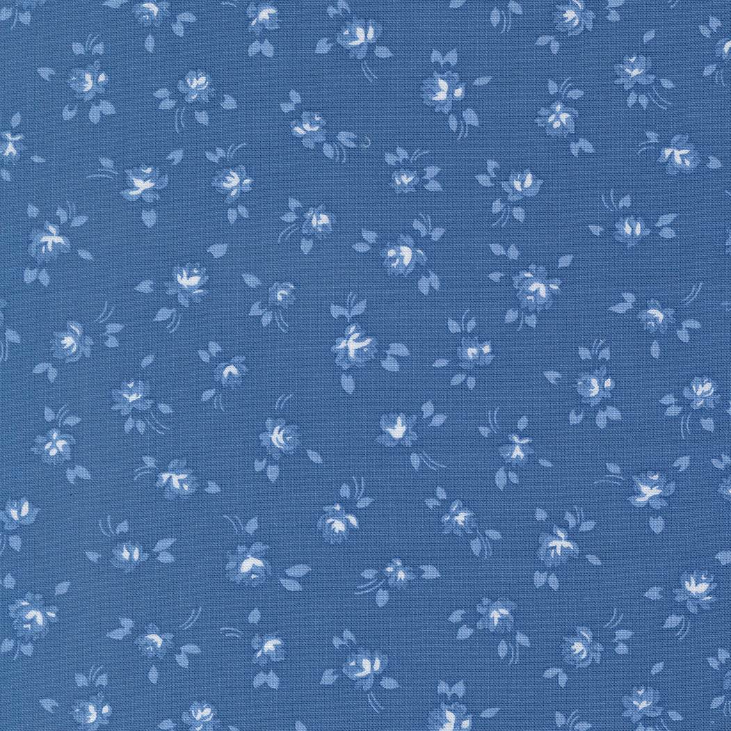 Blueprint Grace Small Floral Sea blue fabric with vintage small white floral pattern by Camille Roskelley for Moda Fabrics