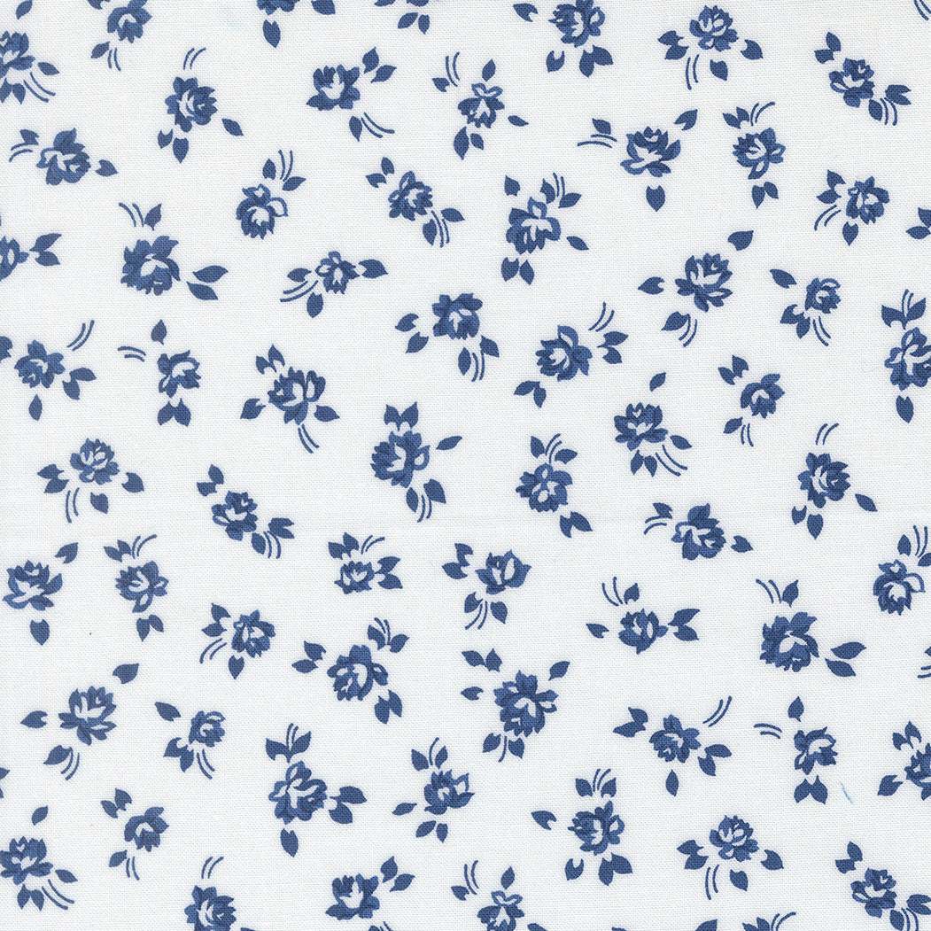 Blueprint Grace Small Floral fabric in white with navy blue vintage floral pattern by Camille Roskelley for Moda Fabrics
