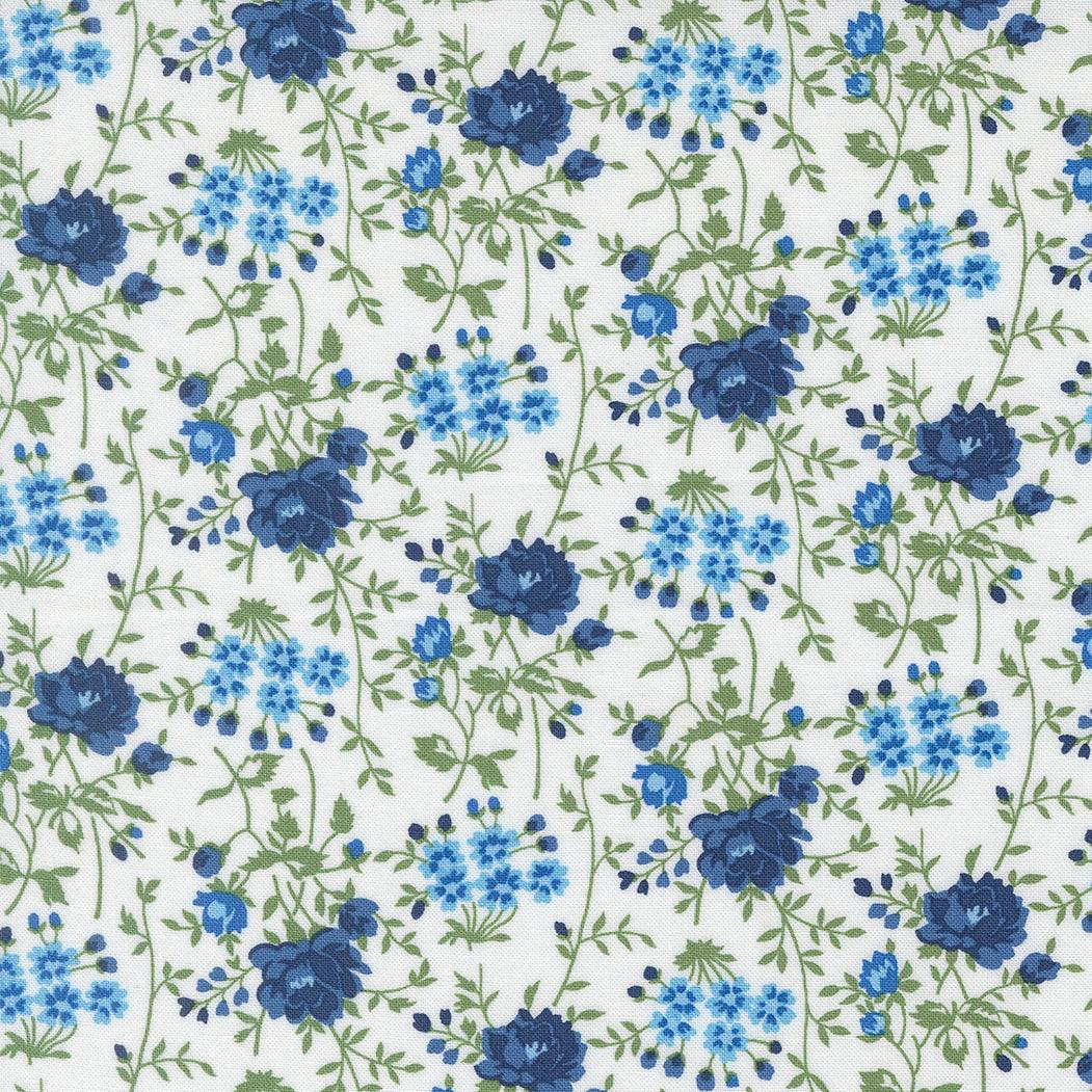 Blueprint Bloomsbury Florals fabric with blue vintage floral pattern on white background by Camille Roskelley for Moda Fabrics