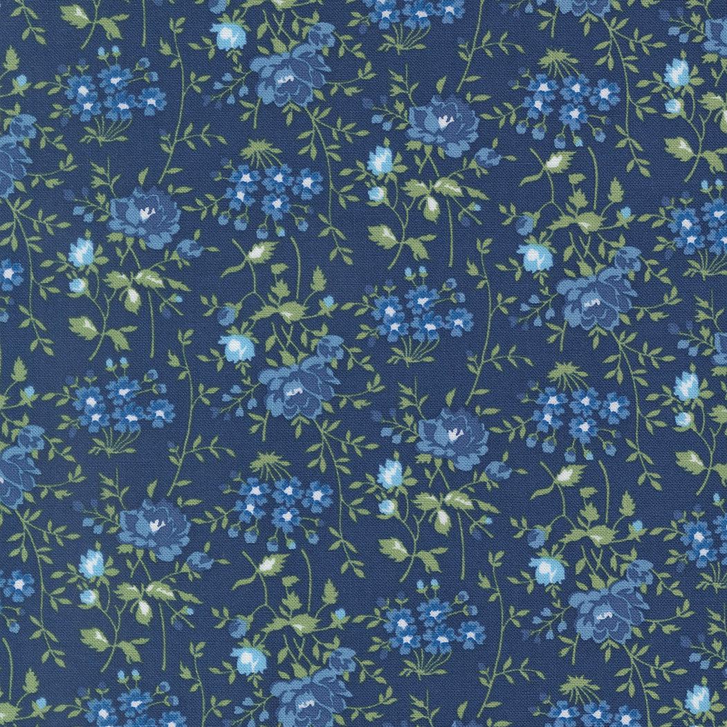 Blueprint Bloomsbury Florals navy fabric with vintage blue floral pattern by Camille Roskelley for Moda Fabrics