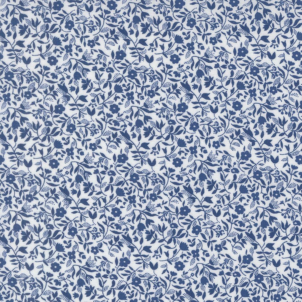 Blueprint Frolic Florals white fabric with navy vintage floral pattern by Camille Roskelley for Moda Fabrics