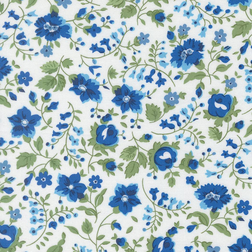 Blueprint Vineyard Florals white fabric with vintage blue flowers and green leaves by Camille Roskelley