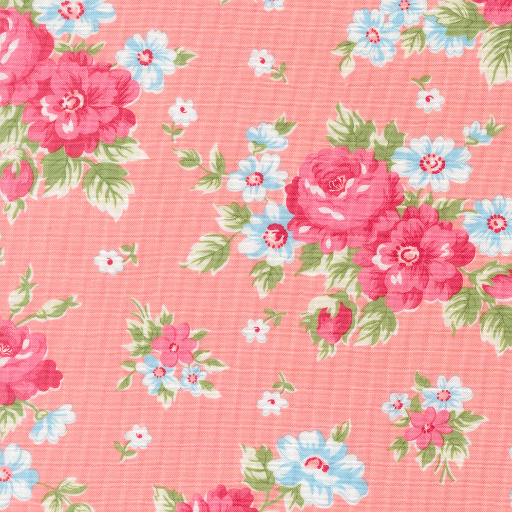 A Cat Named Stitch floral fabric with cabbage rose blush pattern by Camille Roskelley for Moda Fabrics