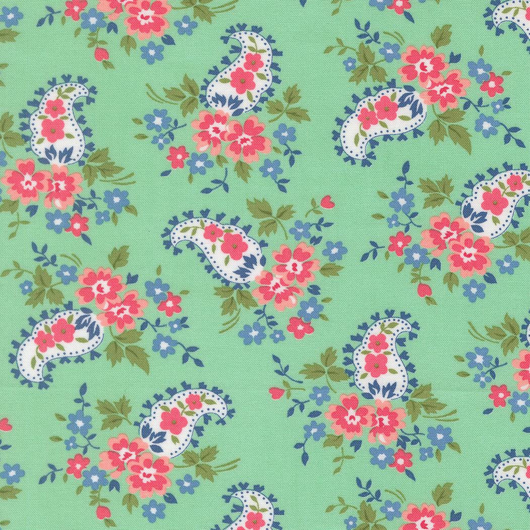 Sweet paisley floral fabric with cat-themed design by Camille Roskelley for Moda Fabrics