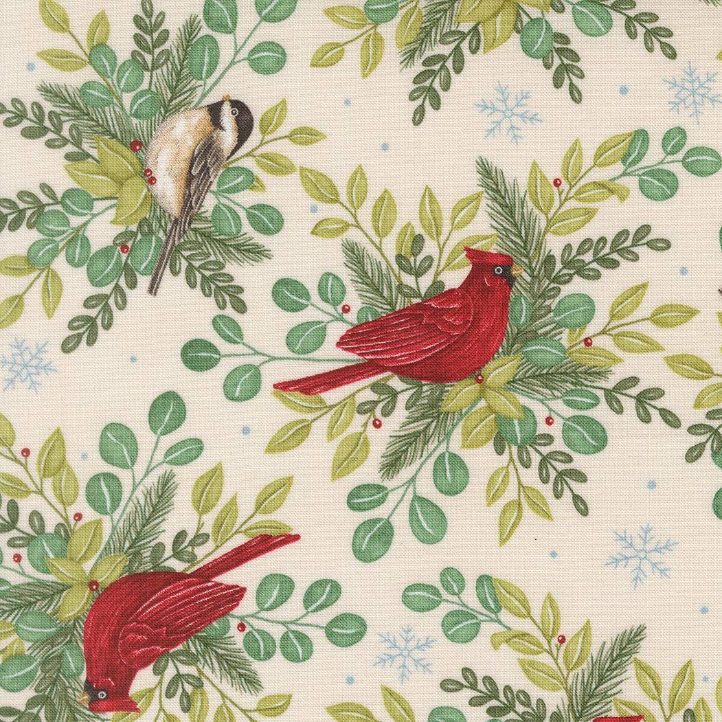 Winter birds cardinal and chickadee in cozy stockings with greenery and jingle bells on snowy fabric pattern When Snow Falls by Deb Strain