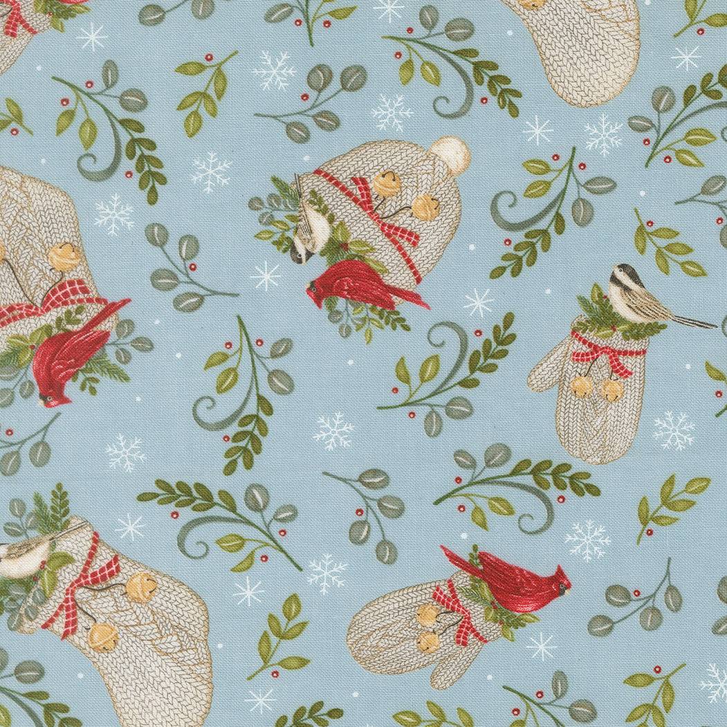 Cardinal and chickadee in cozy winter wear with greenery and jingle bells on festive fabric pattern