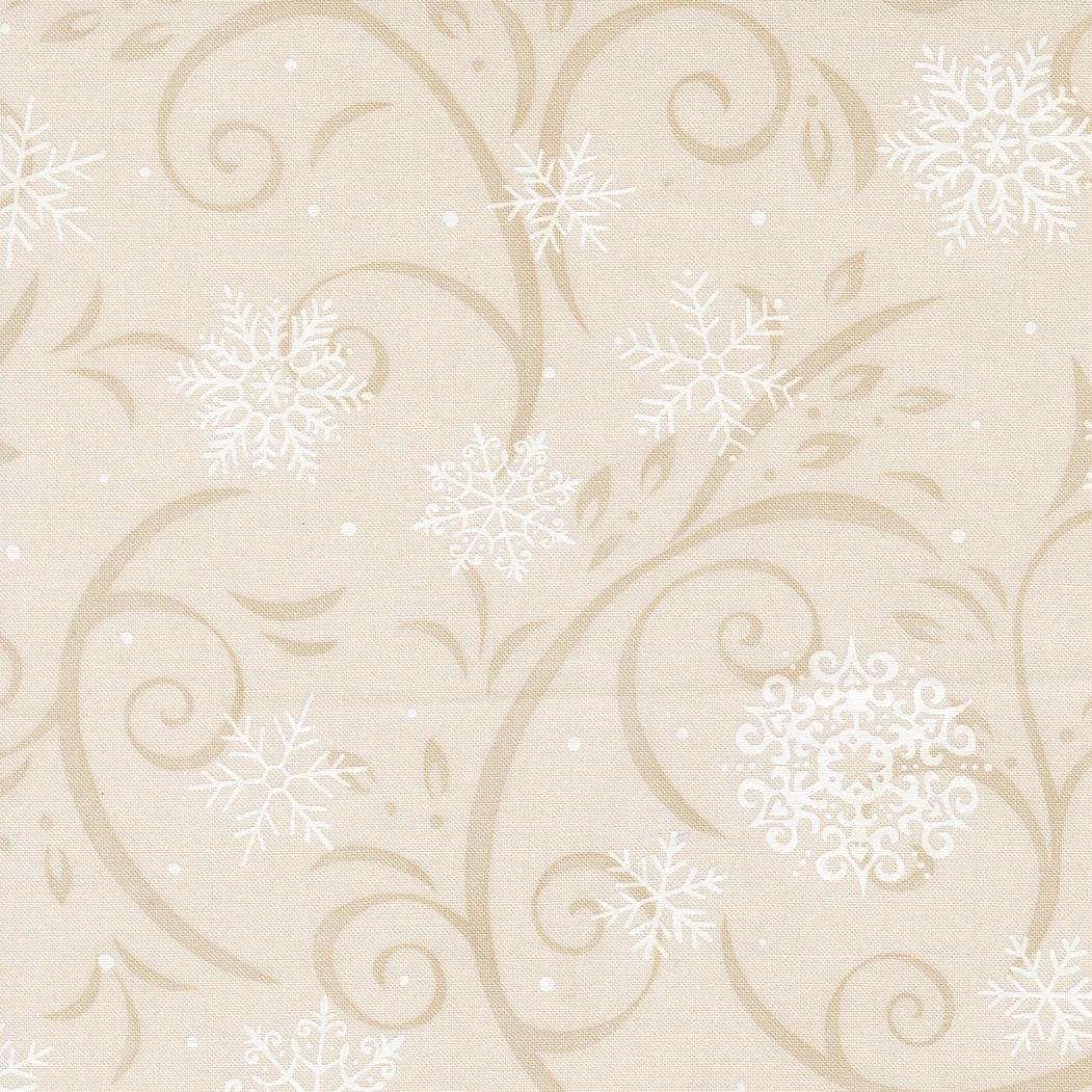 When Snow Falls fabric featuring cardinals and chickadees in winter stockings with snowflakes and jingle bells by Deb Strain