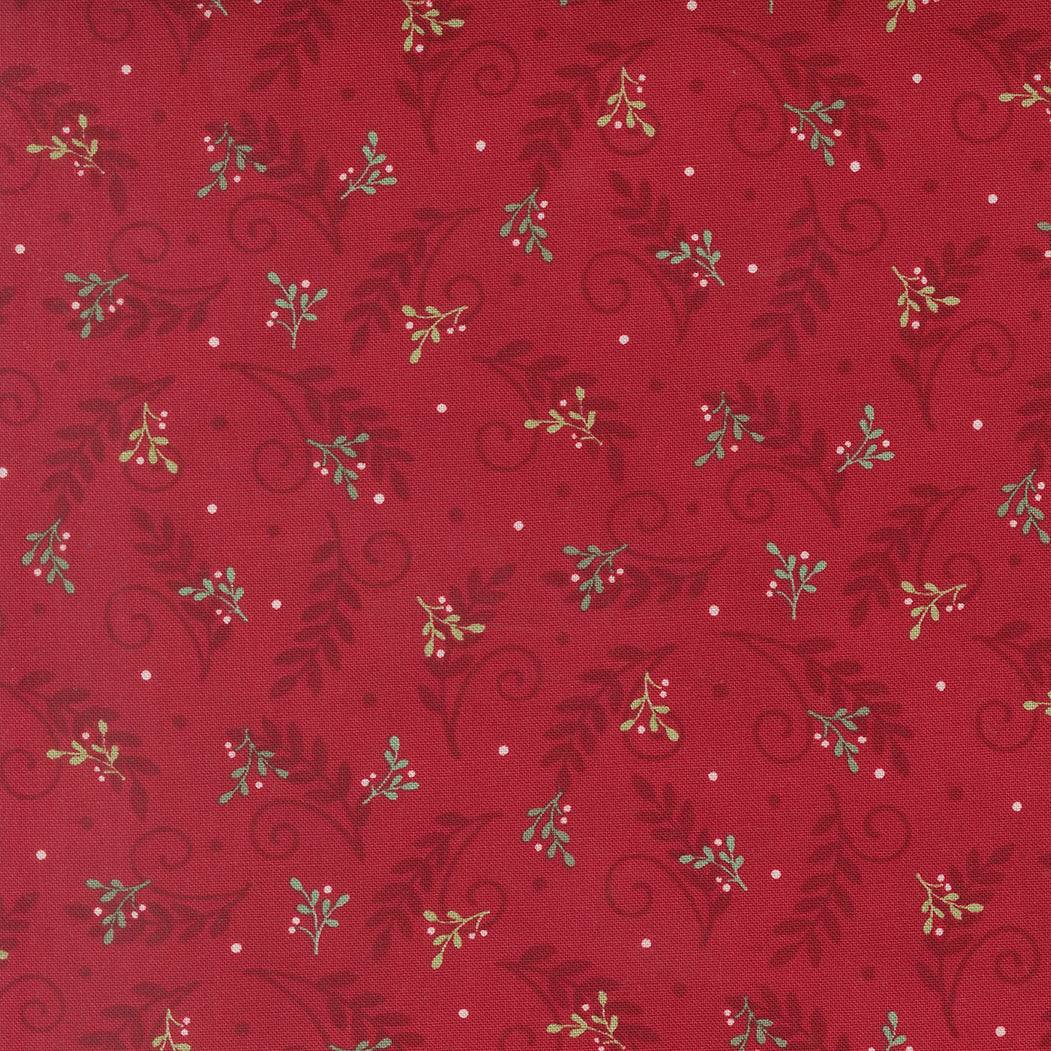 Winter fabric pattern with cardinals, chickadees, greenery, and red berries from When Snow Falls Tossed Greenery Berry Red by Deb Strain