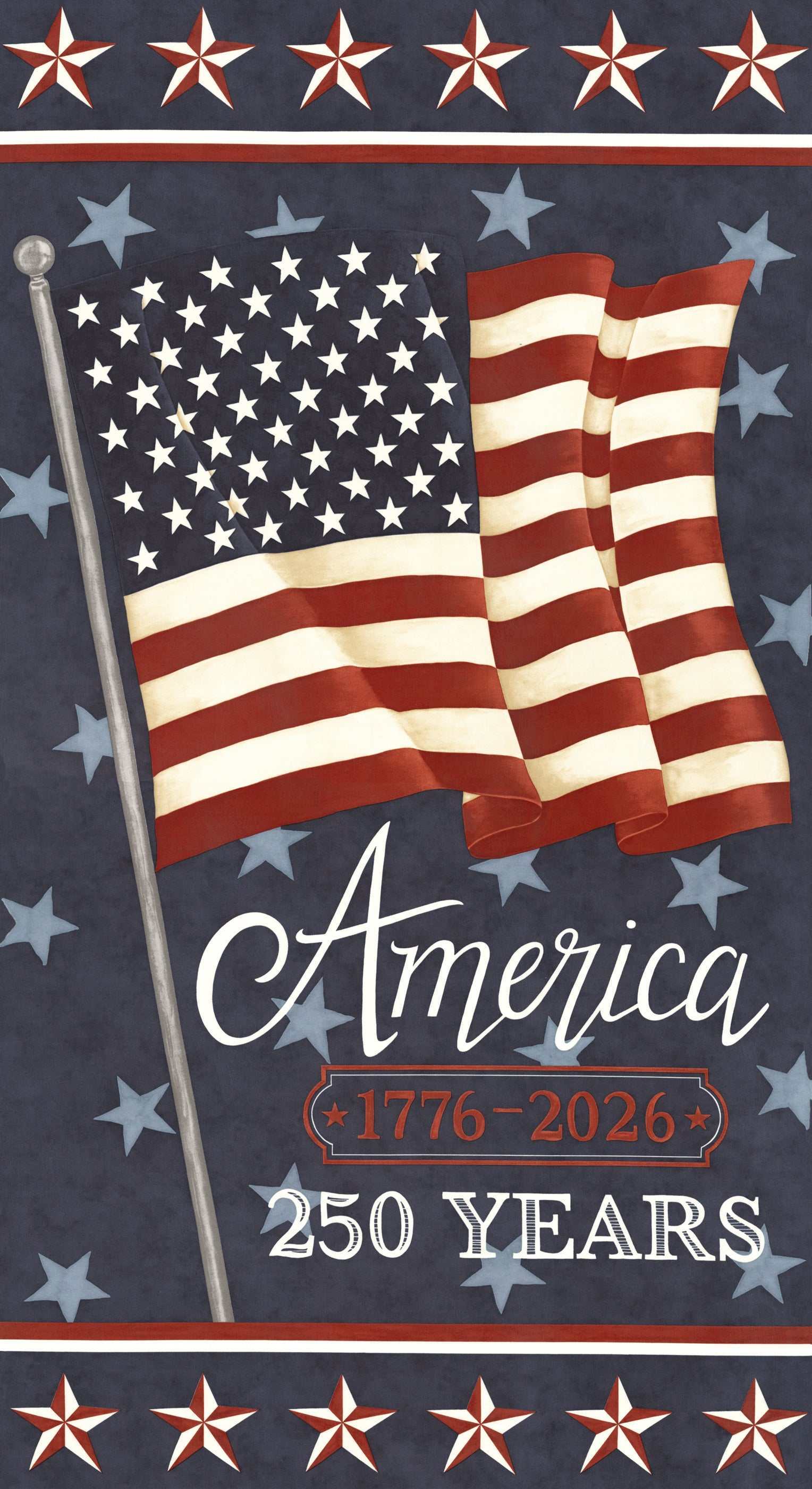 America 250 Years commemorative fabric panel with waving flag by Deb Strain for 250th anniversary projects