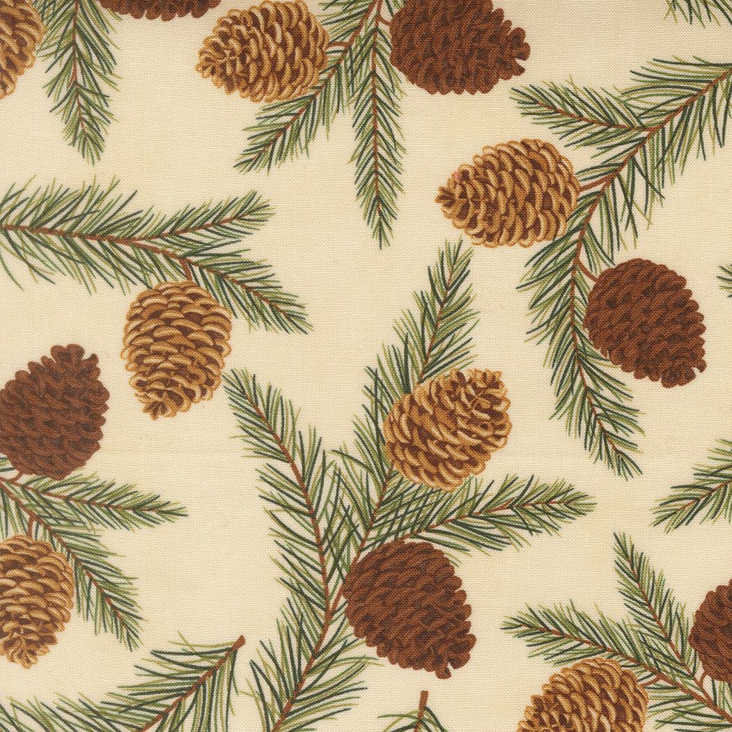 Northwoods Lodge fabric featuring pinecones and greenery in rich tans and pine greens by Deb Strain for Moda Fabrics