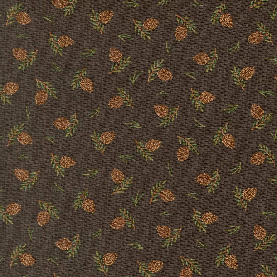Northwoods Lodge Tossed Pinecones fabric pattern with pinecones and soil in natural brown and green tones