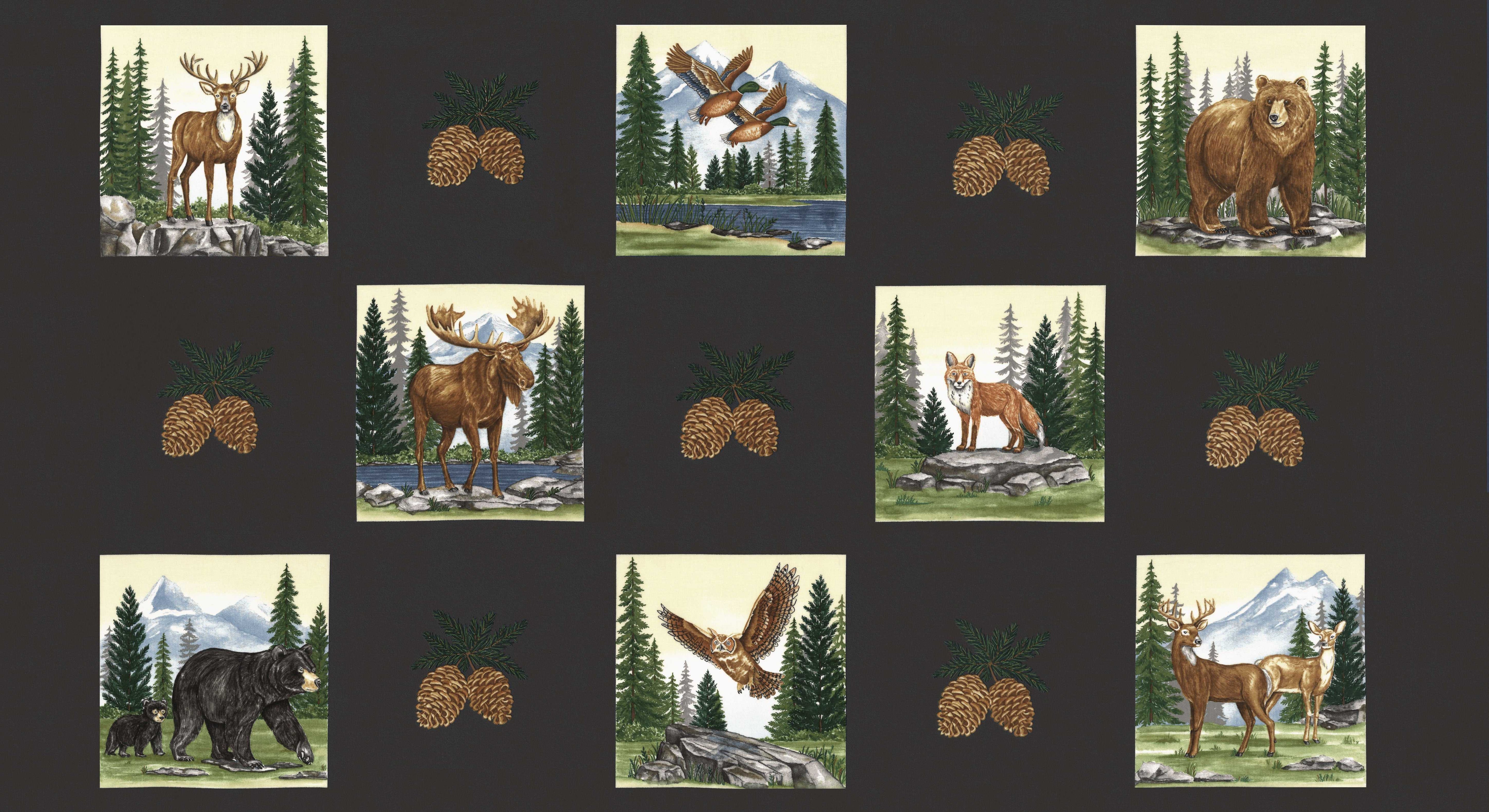 Northwoods Lodge panel fabric by Deb Strain featuring pine trees, pinecones, rocks, and animals in natural earthy tones