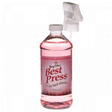 Best Press Tea Rose Garden 16oz spray starch in clear pink bottle with spray nozzle