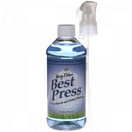 Best Press Linen Fresh 16oz spray starch in clear bottle with spray nozzle for fabric wrinkle removal and sewing aid