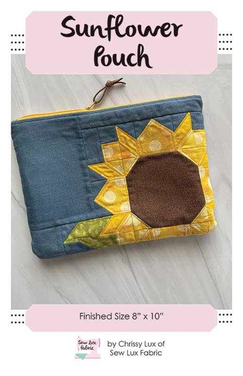Sunflower pouch with yellow quilted sunflower design on blue fabric by Chrissy Lux of Sew Lux Fabrics