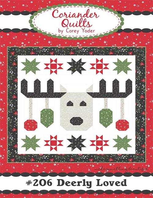 Deerly Loved Quilt Pattern by Corey Yoder featuring festive deer and star designs for a 42x42 inch quilt