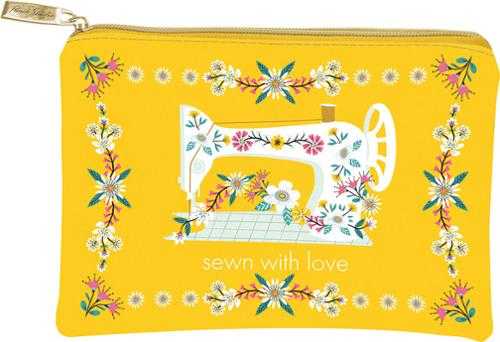 Yellow Glam Bag with floral sewing machine design and "sewn with love" text by Punch Studio