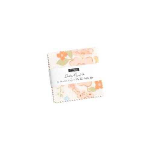 Dainty Meadow Mini Charm fabric squares by Heather Briggs featuring floral prints in soft greens, pinks, yellows, blues, and creams