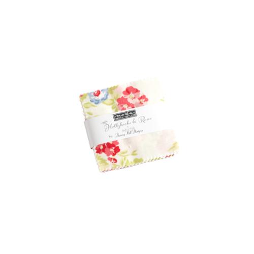 Hollyhocks & Roses Mini Charm Pack with floral and bird prints in blues, pinks, reds, and taupes by Bunny Hill Designs