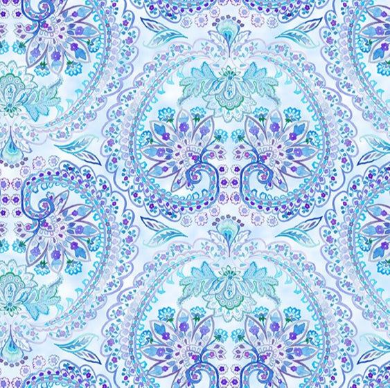 Daydreams Floral Paisley fabric with intricate blue and purple paisley and floral patterns on a soft mottled background