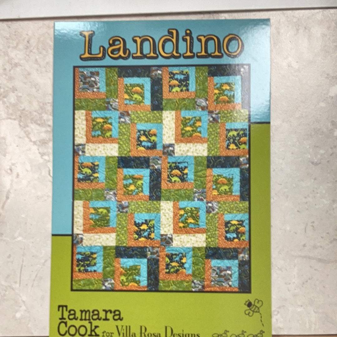 Landino by Tamara Cook quilt pattern card with colorful patchwork design measuring 44 by 55 inches