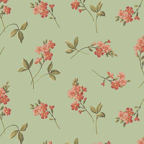 Farmer's Daughter Cornflower Shortbread fabric with vintage floral pattern on muted green background