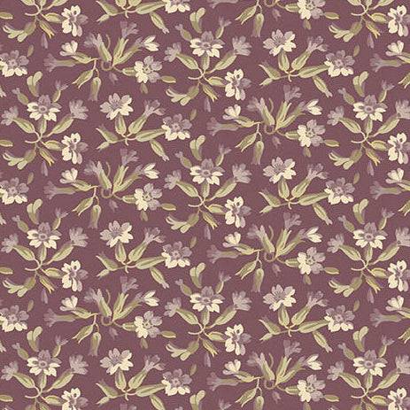 Forest Glen Tuberose Eggplant fabric with botanical floral design by Renee Nanneman