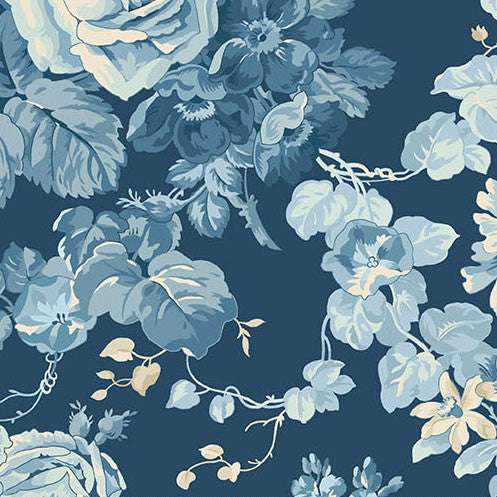 Special Delivery Rose Bouquet fabric with navy background featuring vintage florals and postal motifs by Edyta Sitar