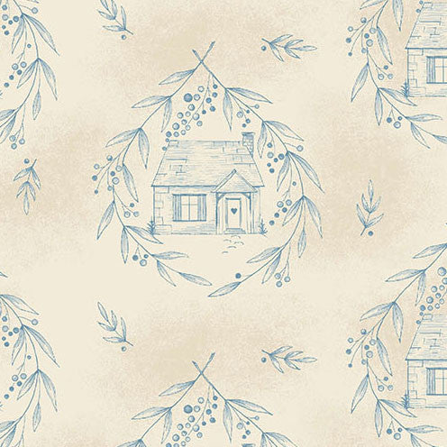 Special Delivery Cozy Cottage blue fabric with vintage florals and postal motifs by Laundry Basket Quilts